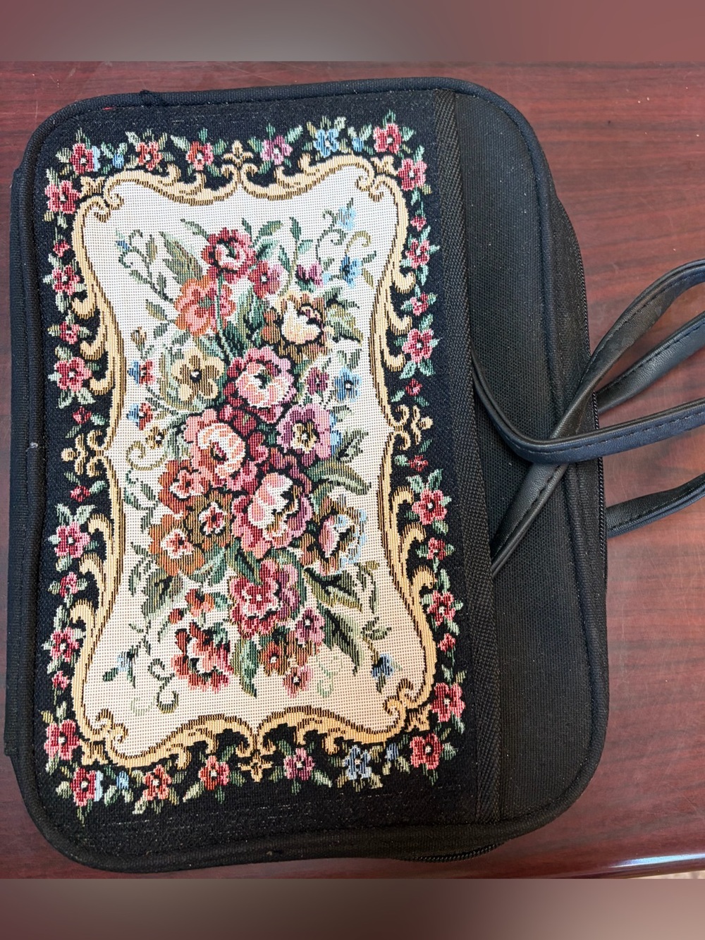 Classic Black Floral Tapestry Bible cover with handles canvas with side pockets